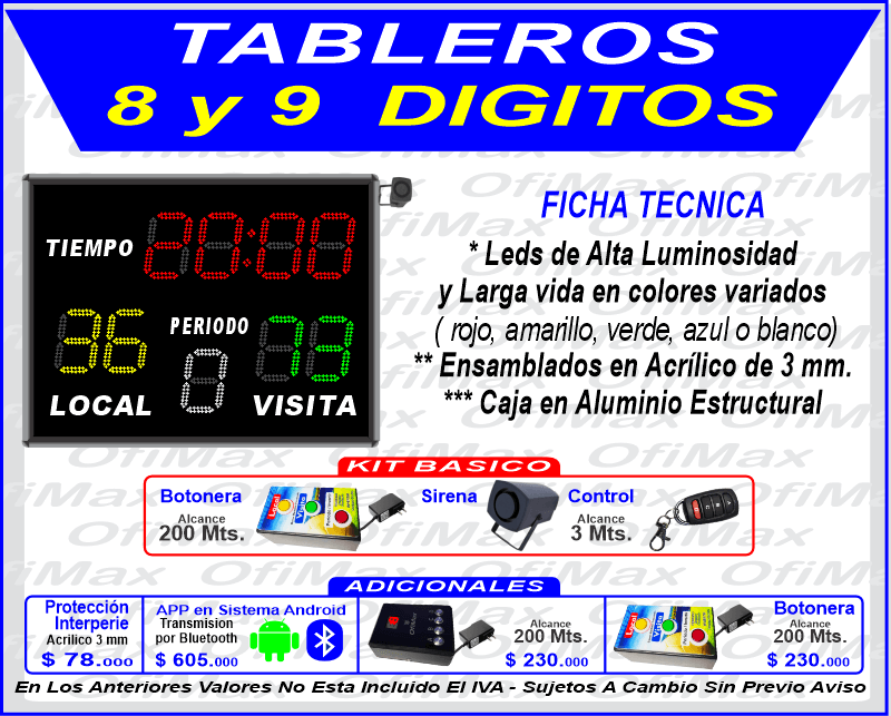 tableros marcadores electronicos  8 y 9 digitos precios, bogota, colombia